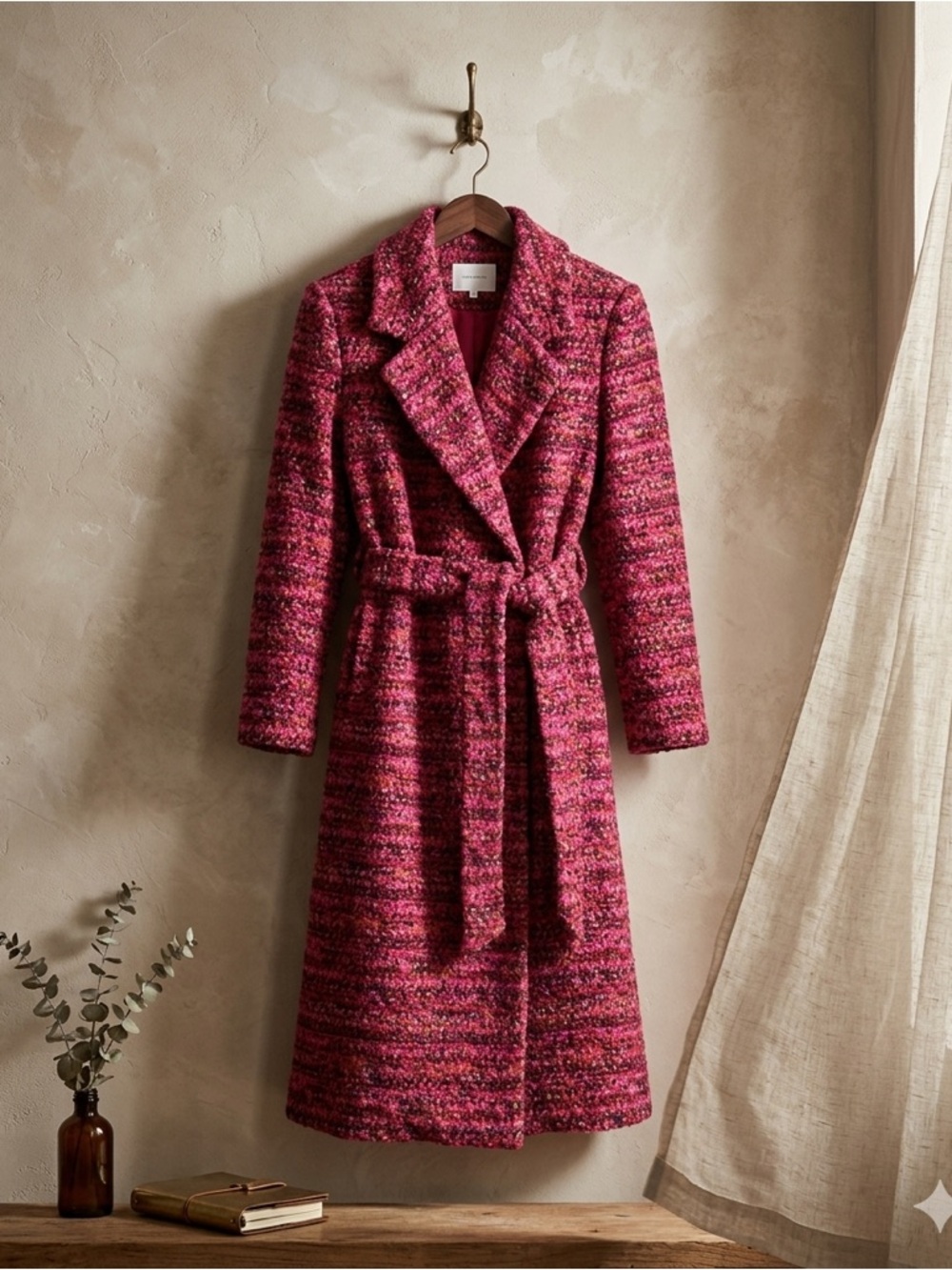 Hutch Anthropologie Pink Textured Bouclé Wrap Coat Belted Wool Blend Small NWT